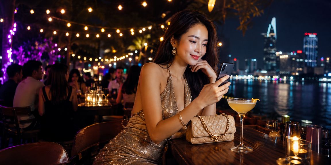 Người dùng tại Sài Gòn nhận cashback và kiểm tra tài khoản trực tuyến trên điện thoại bên bờ biển